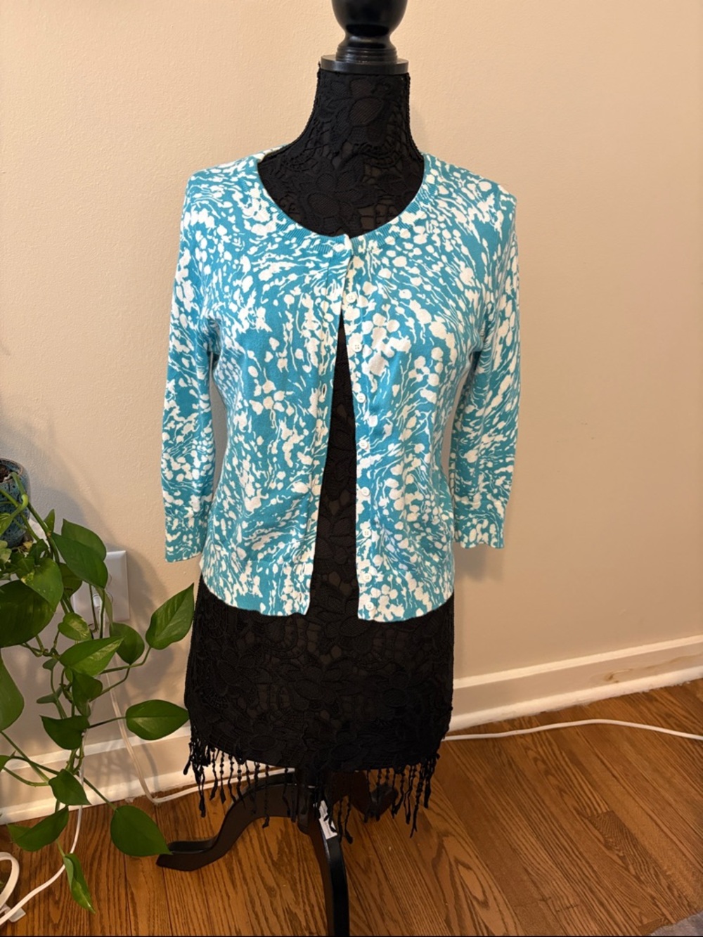 Talbots Teal and White Floral Print Cardigan Sweater